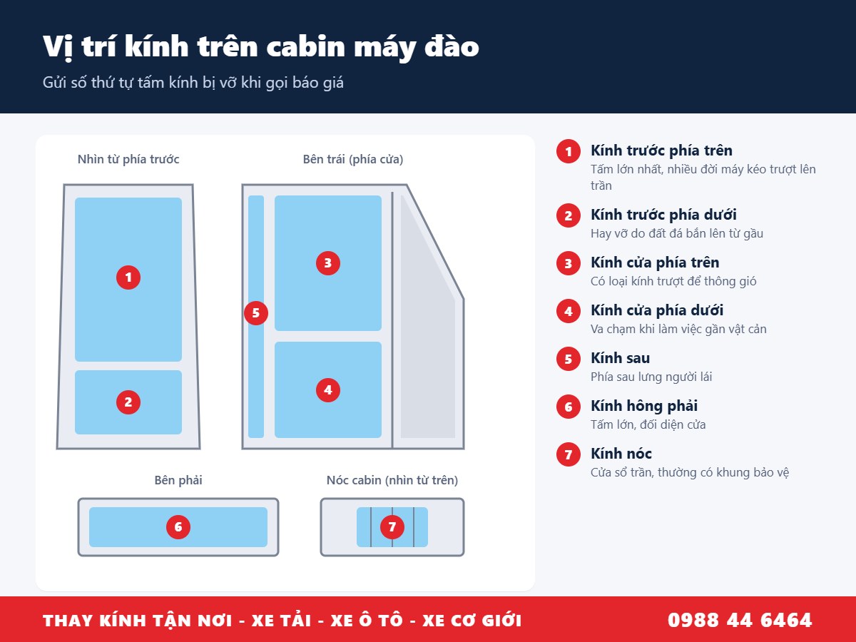 Sơ đồ 7 vị trí kính trên cabin máy đào