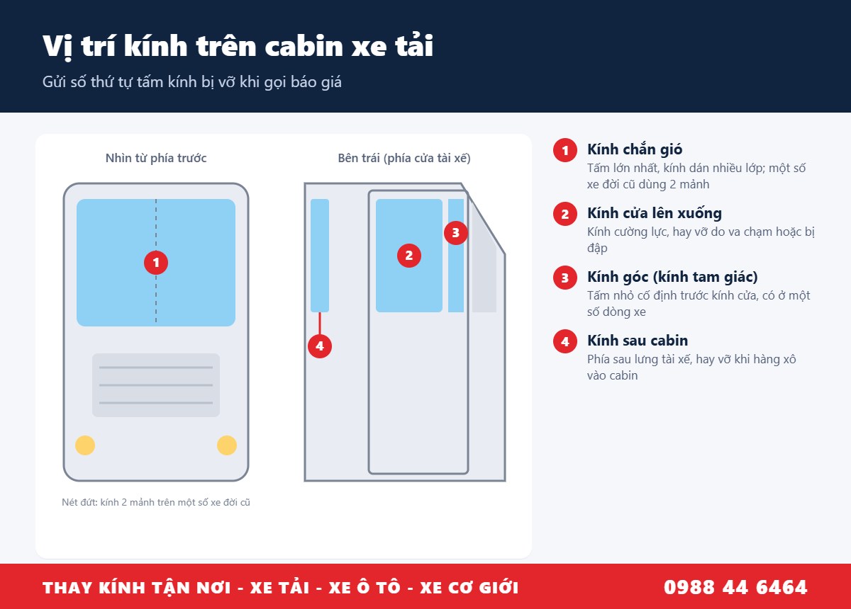 Sơ đồ vị trí kính trên cabin xe tải: kính chắn gió, kính cửa, kính góc, kính sau