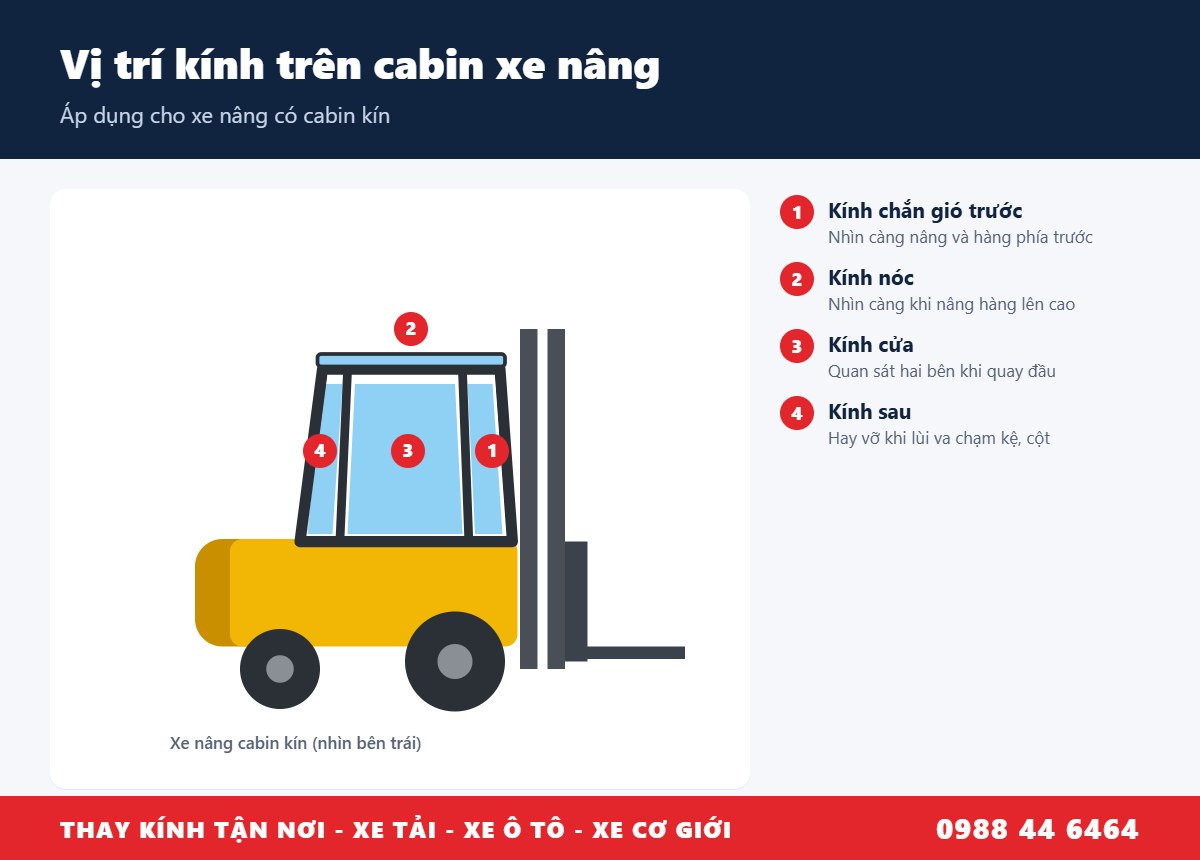 Sơ đồ vị trí kính trên cabin xe nâng